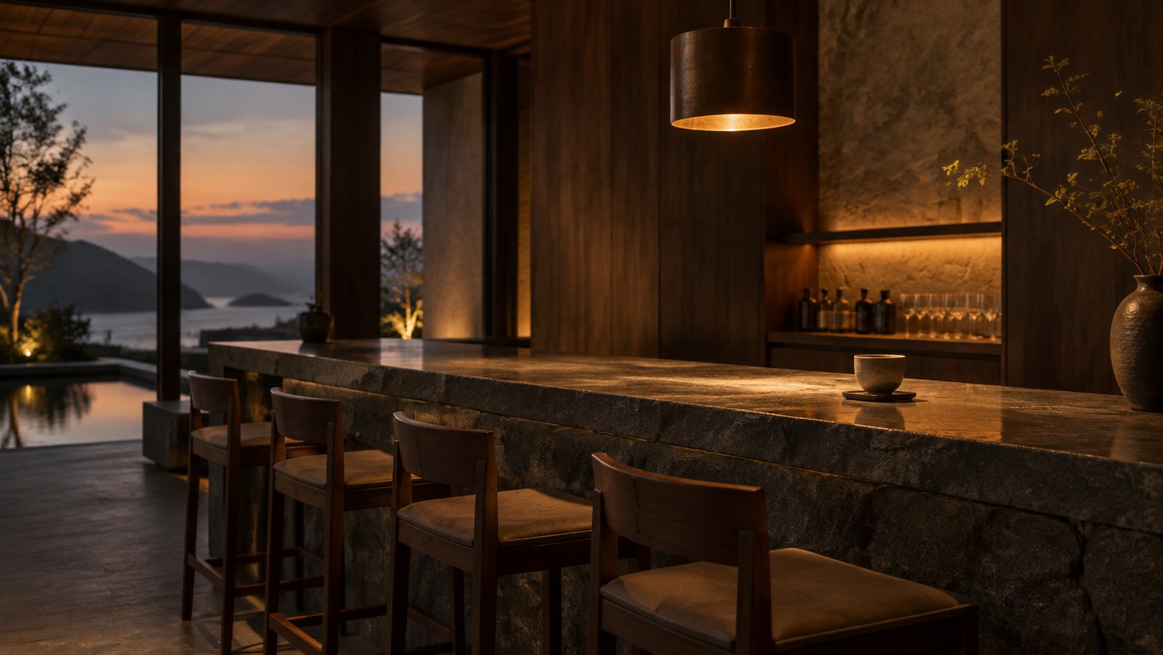 A quiet, empty hotel bar counter at dusk