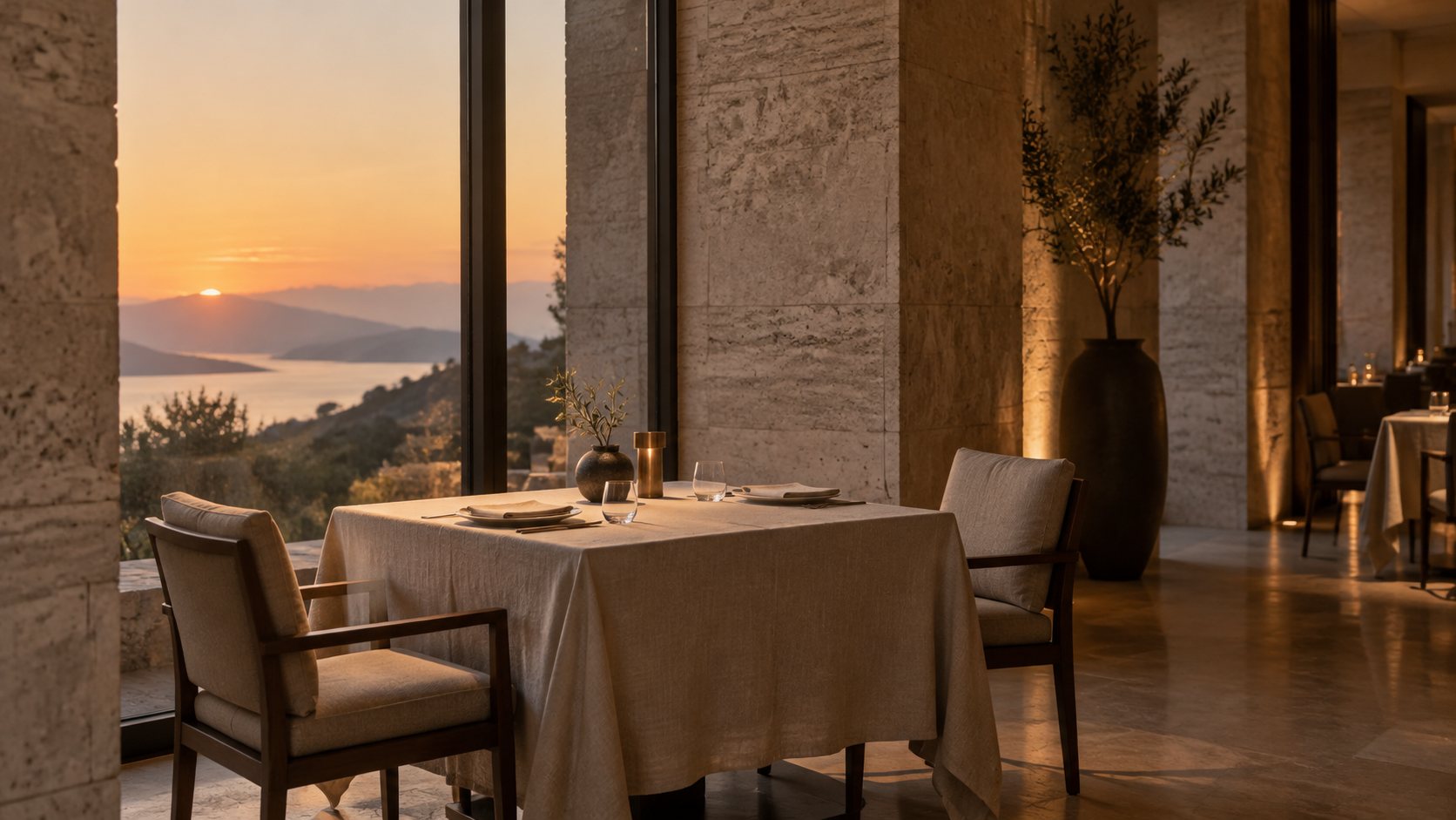 An empty table for two by a tall window in a quiet dining room