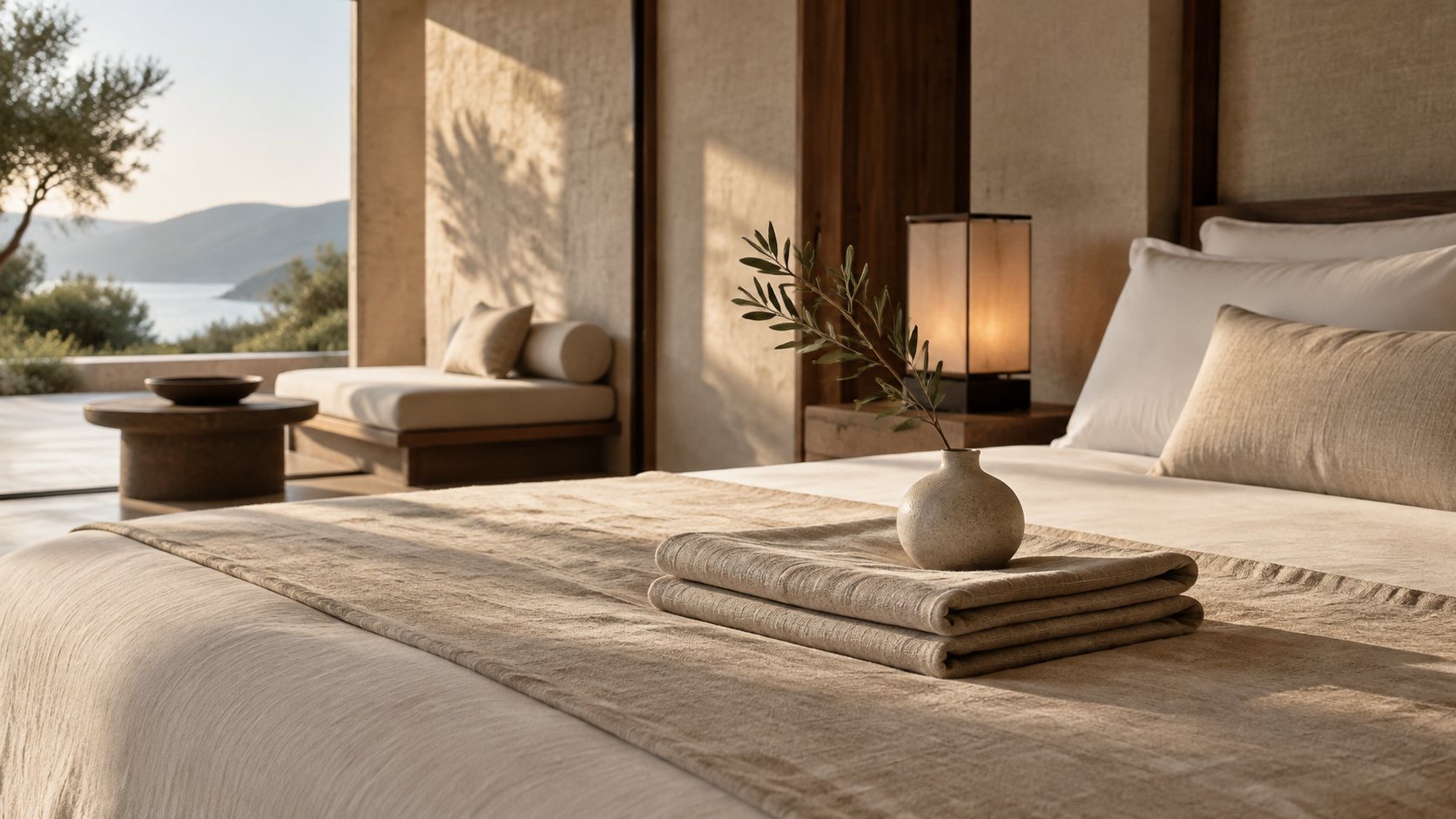 Folded linen and a small vase on a bed in a serene hotel room