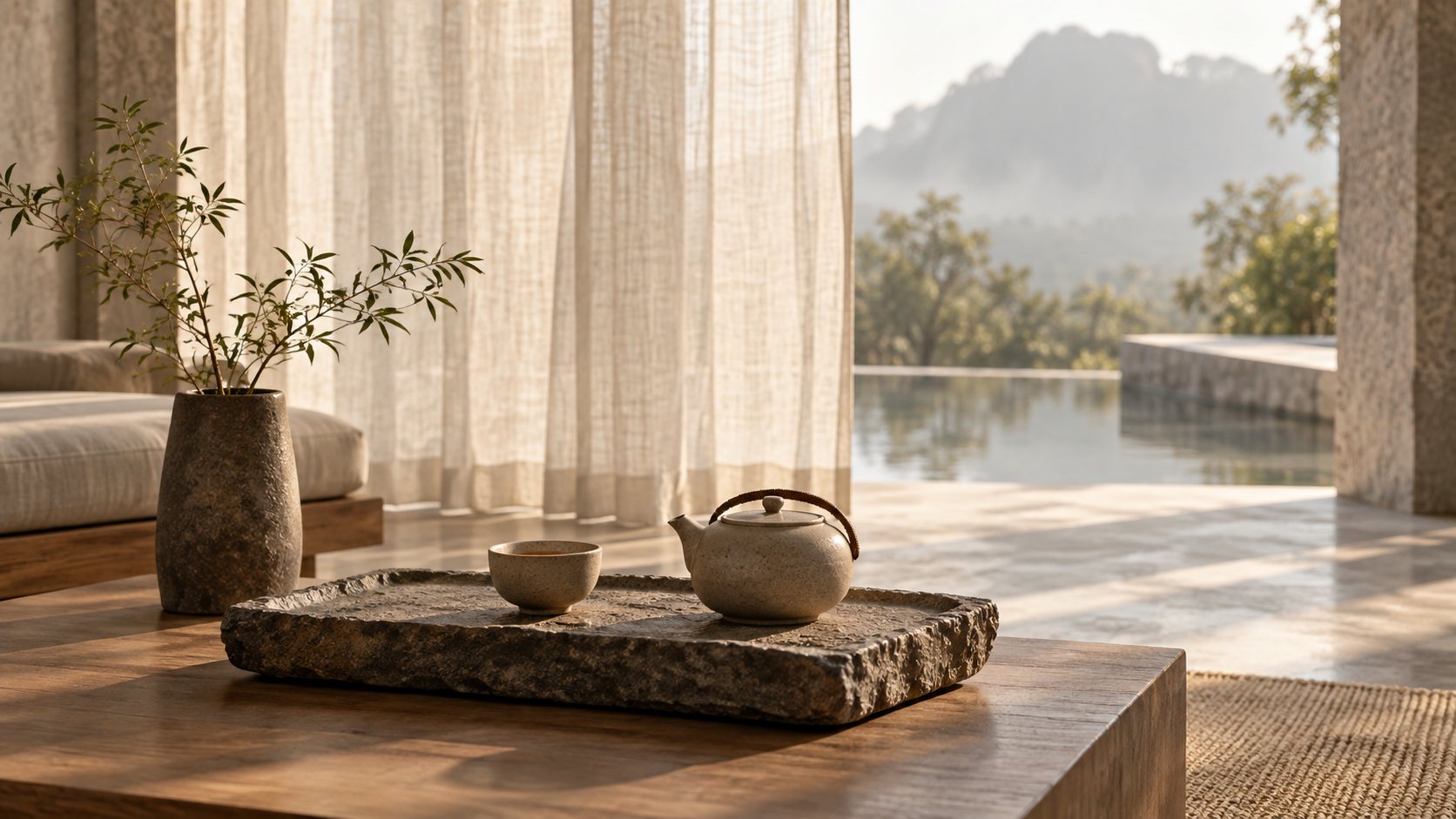 A ceramic teapot and cup on a stone tray in soft morning light