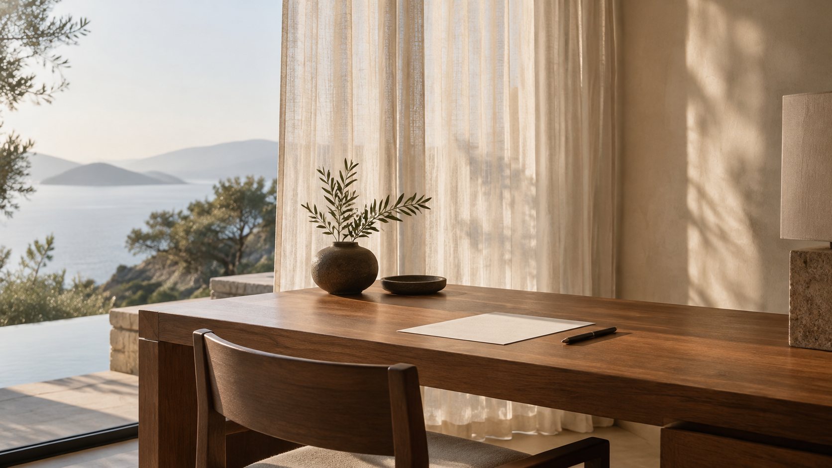 A writing desk with paper and pen beside a window