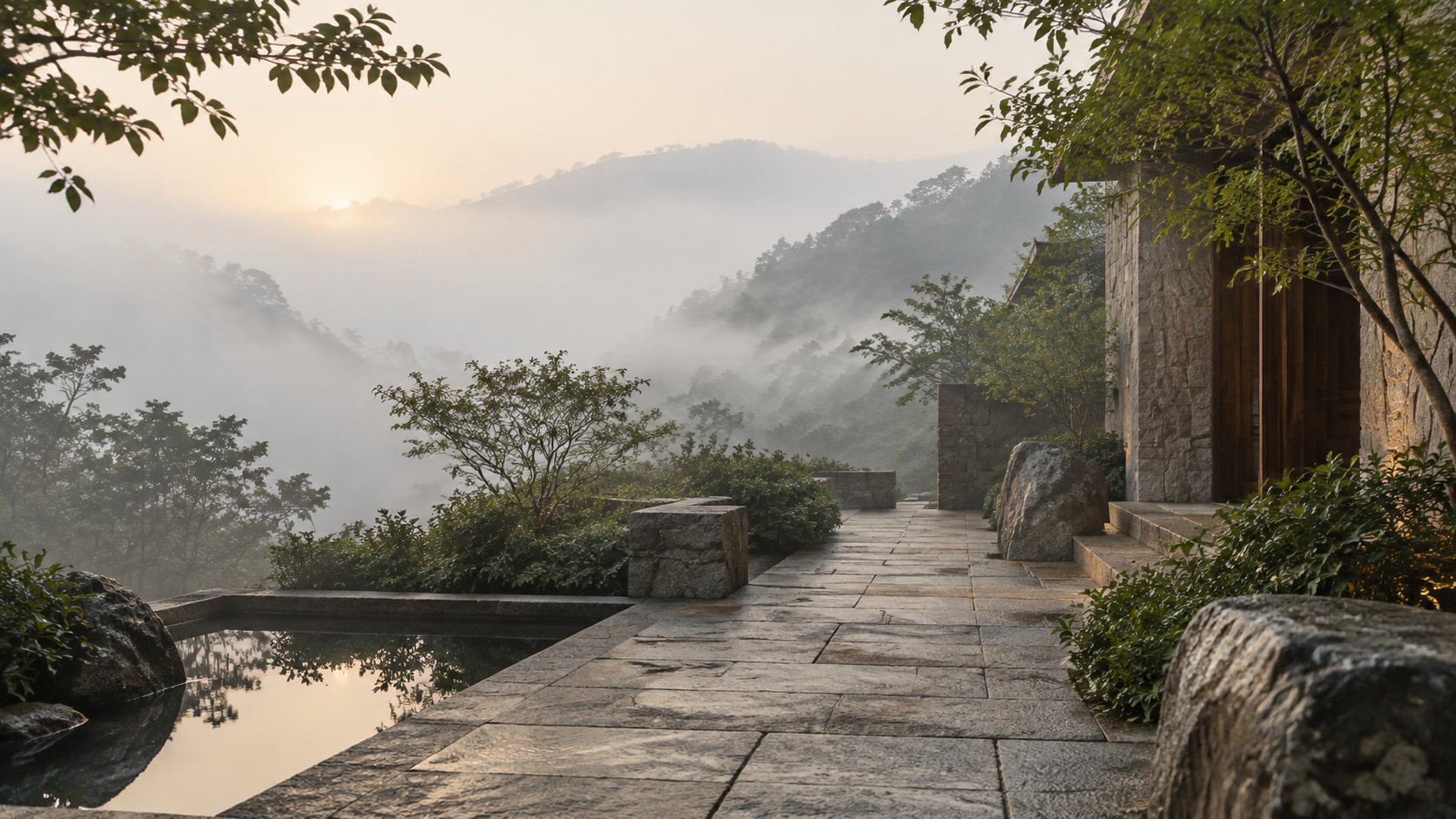 A misty stone garden path at dawn