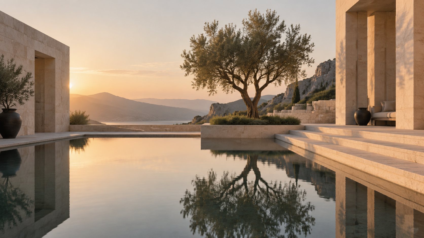 A still reflecting pool in a quiet resort courtyard at dawn